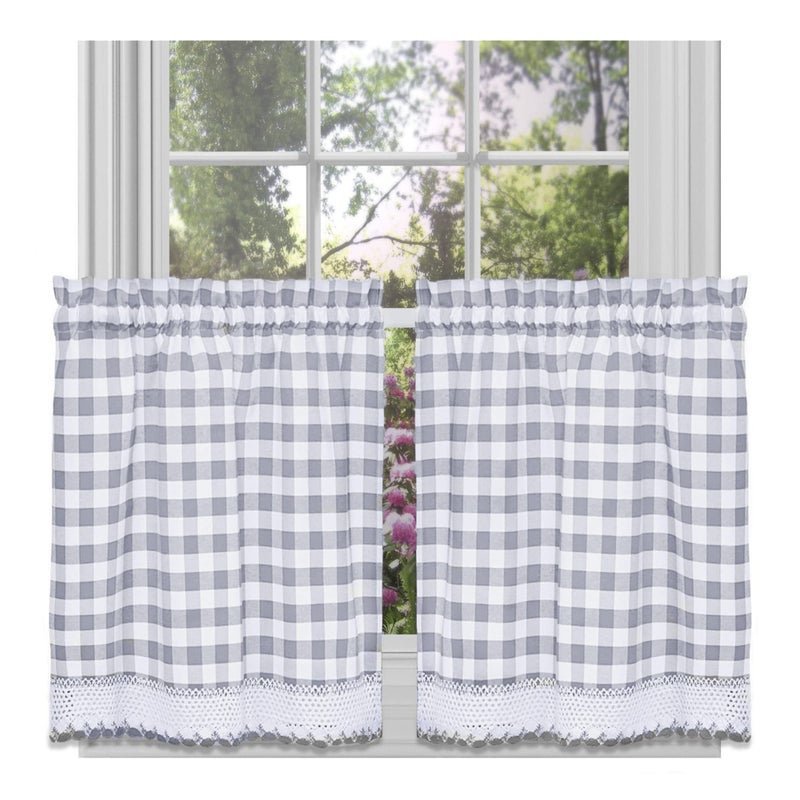 ACHIM Buffalo Check Tier Pair Window Curtain Set - 58 Inch Width, 24 Inch Length - Grey & White Plaid Drapes - Light Filtering Drapes for Kitchen, Bedroom, Living & Dining Room Home Decor - Image 1